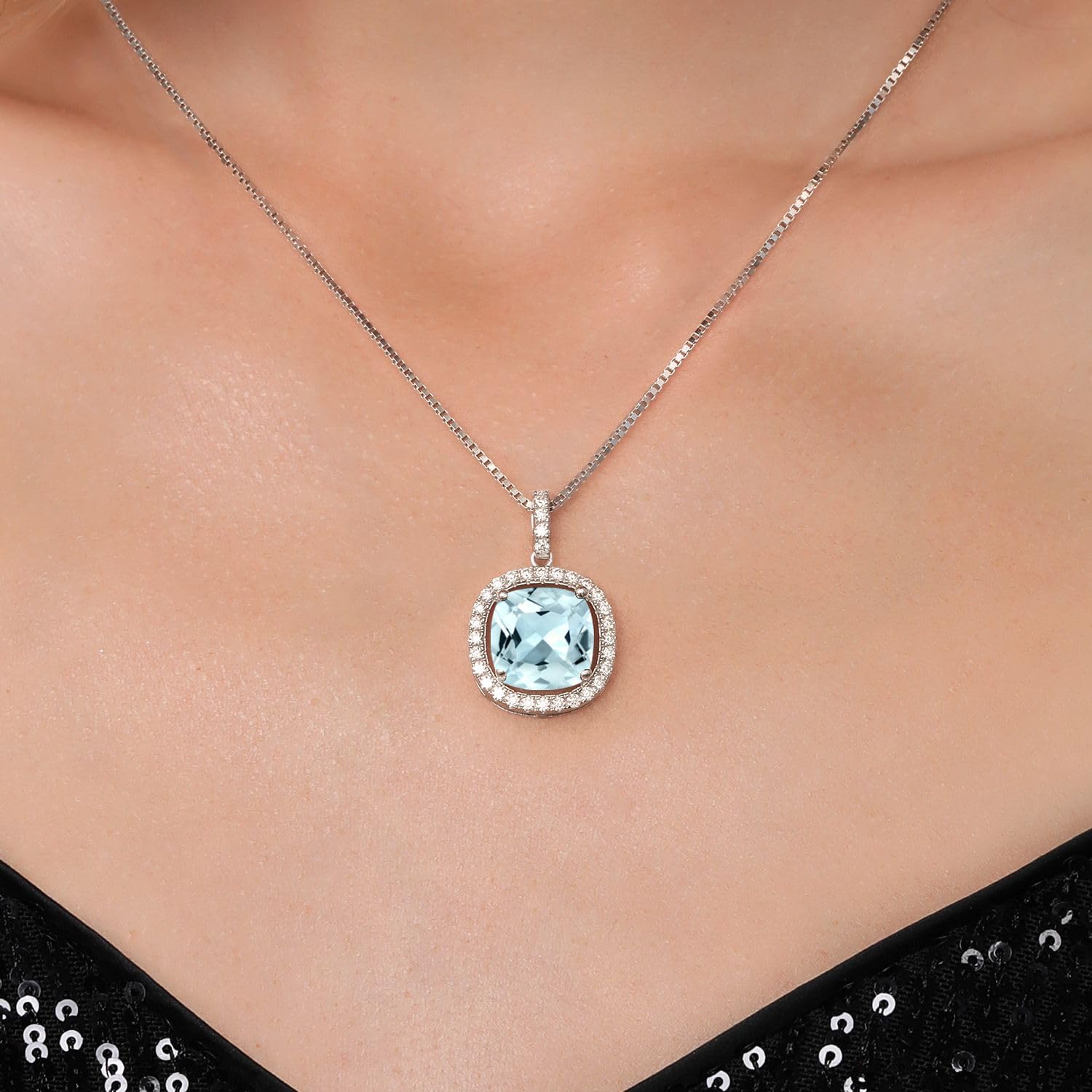 Gem Stone King 925 Sterling Silver 14MM Cushion Gemstone Birthstone and White Moissanite Pendant Necklace | Halo Necklace for Women | With 18 Inch Chain