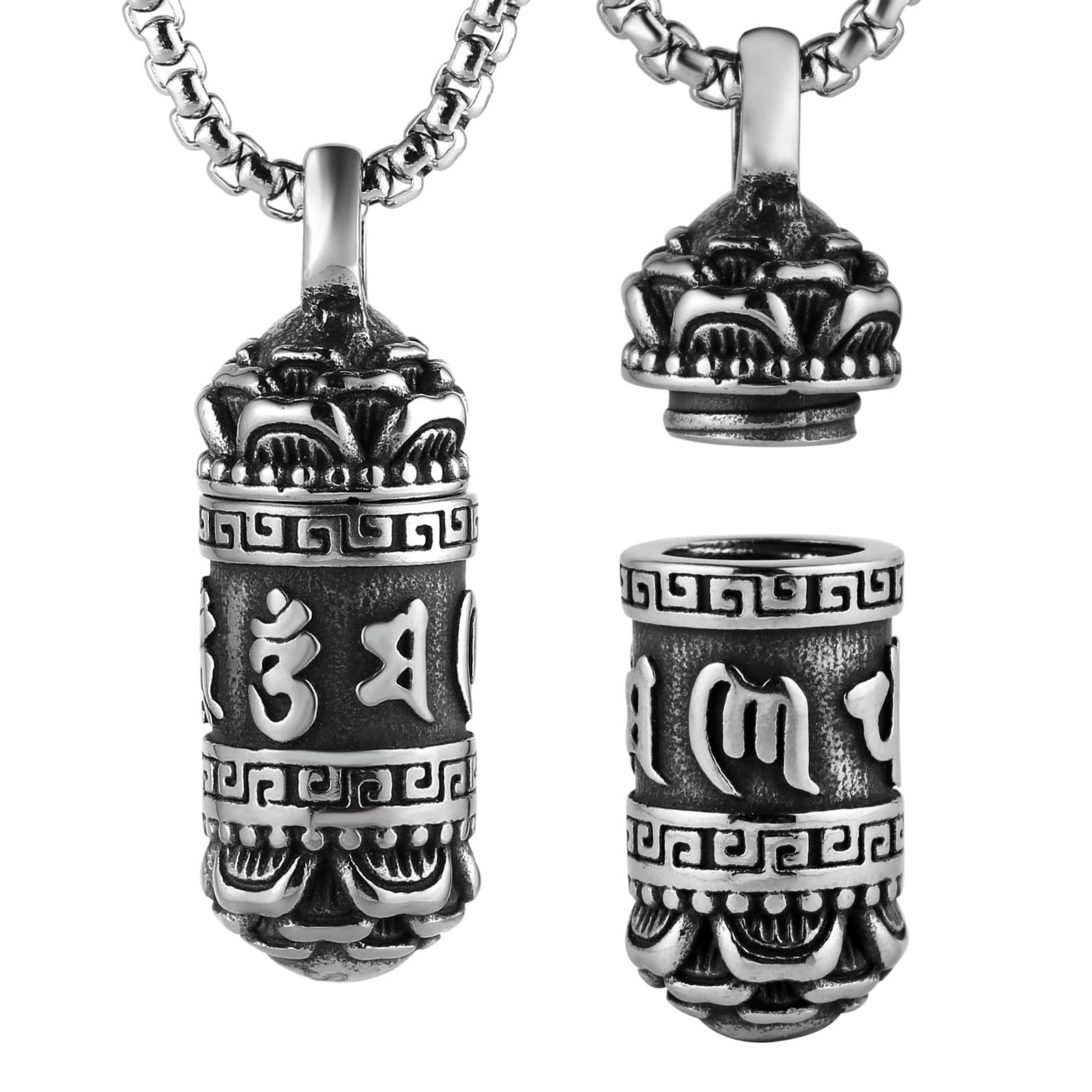 STWTR Tibetan Buddhist Meditation Stainless Steel Pendant Memorial Cremation Ash Pill Container Necklace Men's Ladies Comes with 23.6" Chain