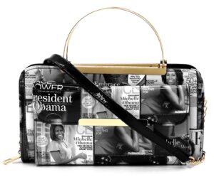 magazine cover collage round top handle crossbody bag clutch wallet (grey/black)