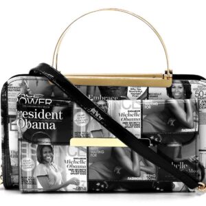 Magazine Cover Collage Round Top Handle Crossbody Bag Clutch Wallet (Grey/black)