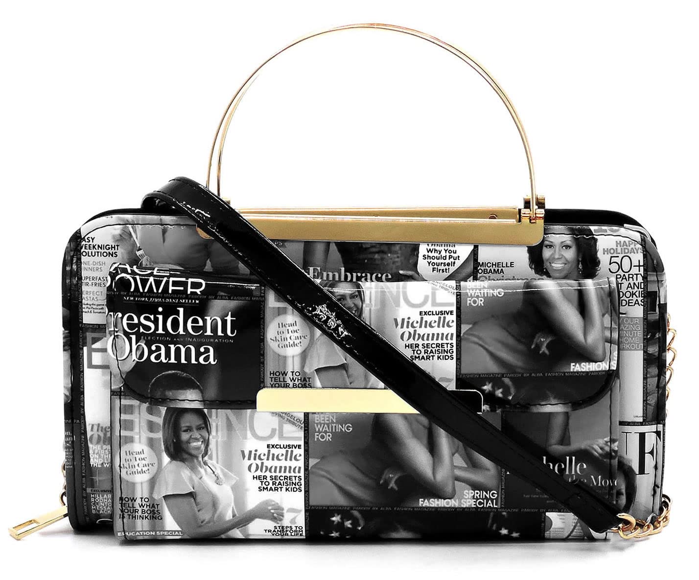 Magazine Cover Collage Round Top Handle Crossbody Bag Clutch Wallet (Grey/black)