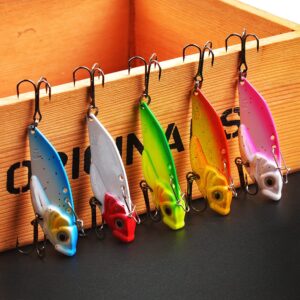 BitHeng Fishing Lures, Fishing Spoon Tackle LuresHard Metal VIB Jigging with Treble Hooks for Bass Trout Crappie Perch Freshwater Saltwater (10Pcs) Random Color, Mixed Color