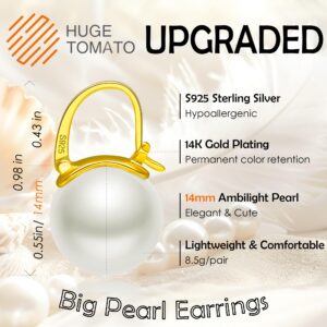 HUGE TOMATO Pearl Earrings for Women Trendy, 14mm 925 Sterling Silver Pearl Drop Earrings Fashion, 14K Gold Plated Hypoallergenic Large White Shell Pearl Hoop Earring Dangle Jewelry for Wedding Gift