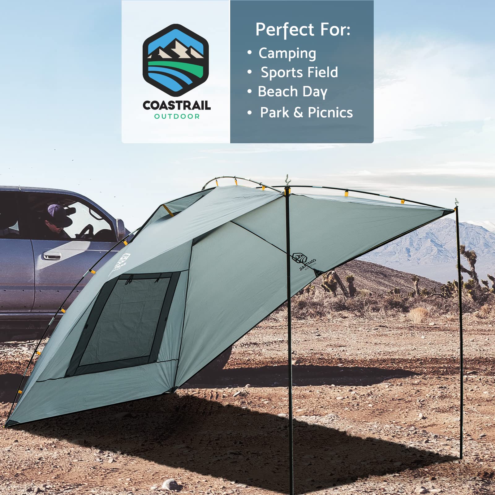 Coastrail Outdoor Car Canopy Sun Shade with Side-Wall, SUV Awning Car Rear Tent Portable Camping Shelter for Tent Campers, Sun Shelter Attach to Truck Van RV Jeep,Grey,Extra Large