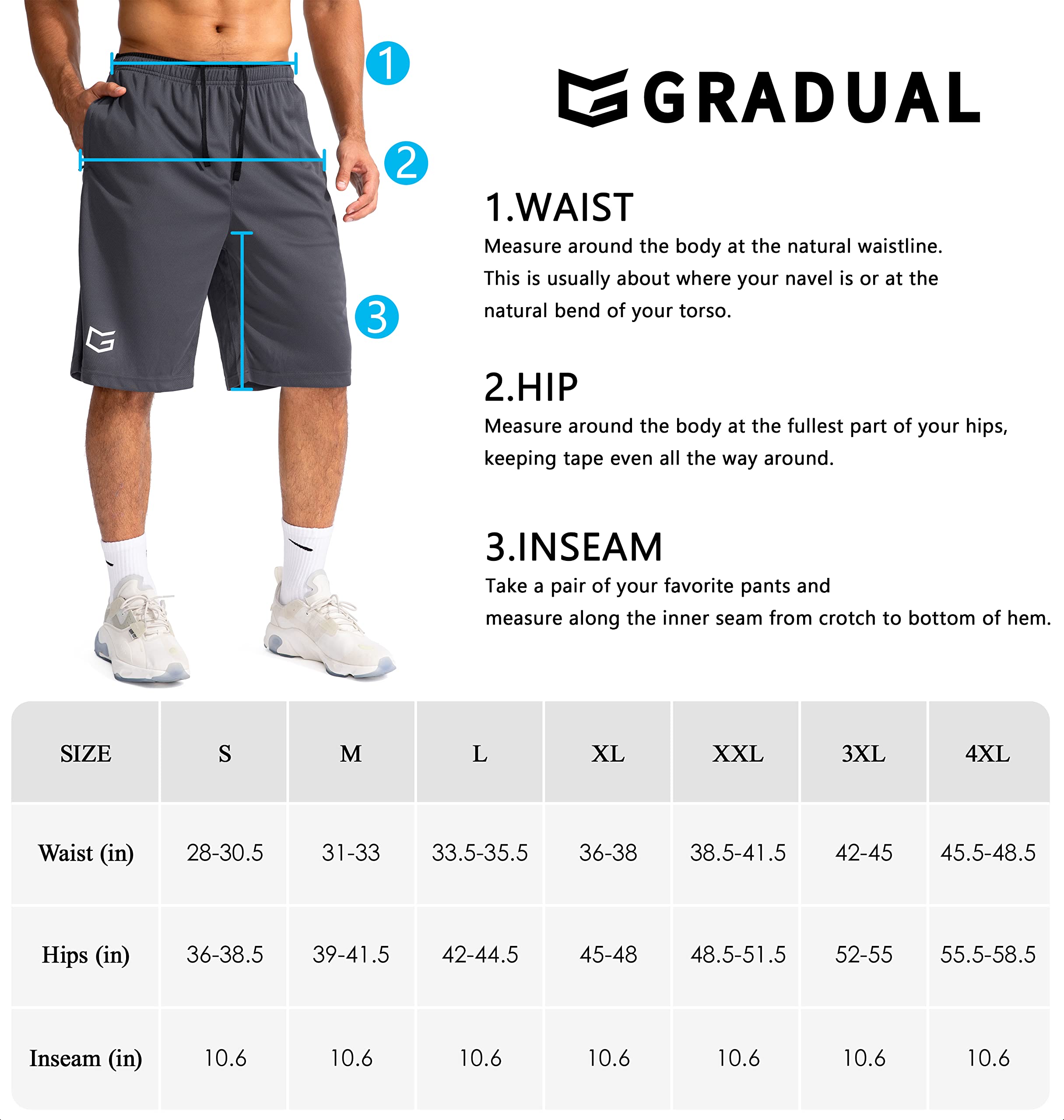 G Gradual Men's Basketball Shorts with Zipper Pockets Lightweight Quick Dry 11" long shorts for men Athletic Gym(Black,XL)