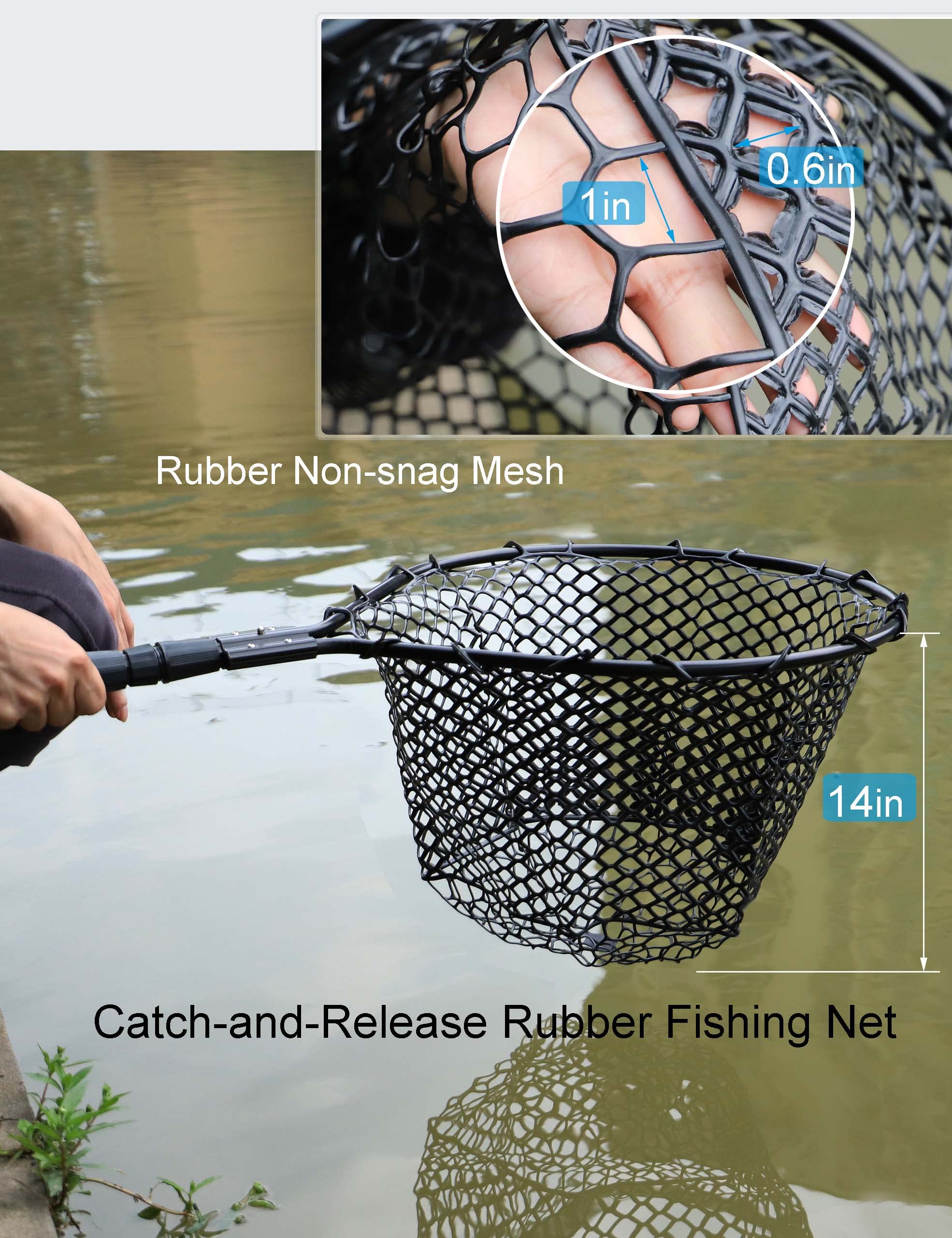 Hlotmeky Fishing Net Rubber Landing Net Large Fishing Nets for Saltwater Heavy Duty Big Fishing Net Kayak Folding Retractable Fishing Net Long Handle