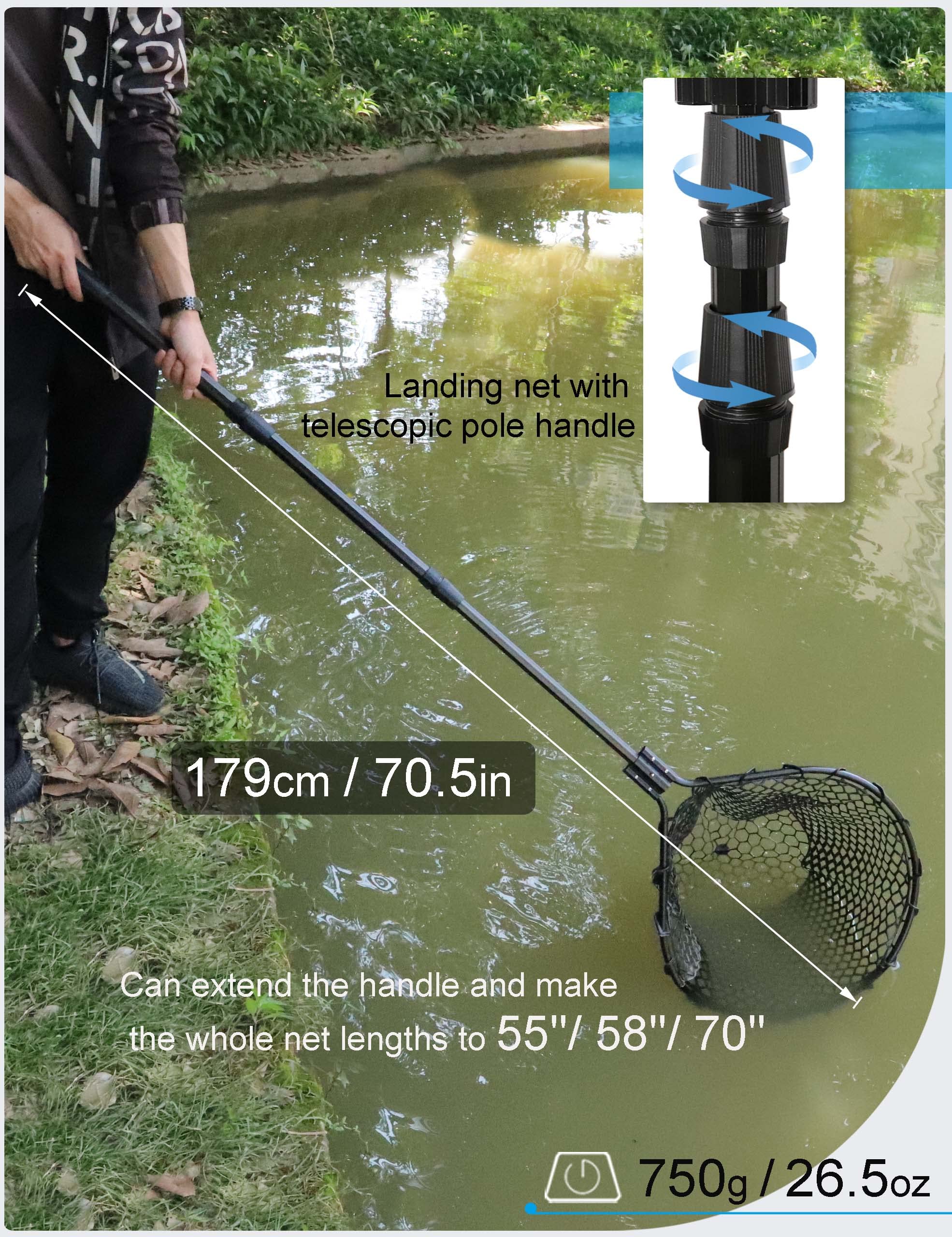 Hlotmeky Fishing Net Rubber Landing Net Large Fishing Nets for Saltwater Heavy Duty Big Fishing Net Kayak Folding Retractable Fishing Net Long Handle