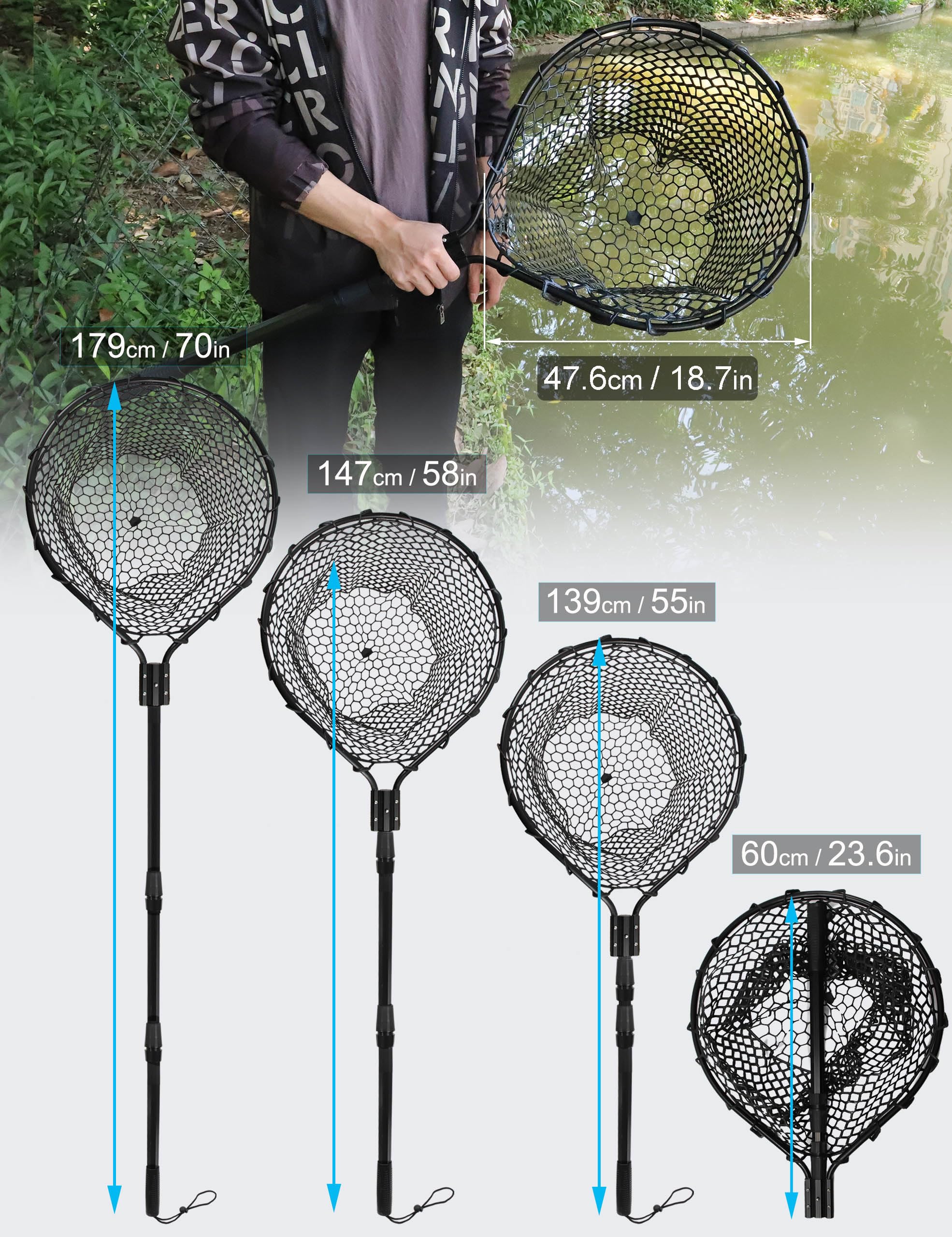 Hlotmeky Fishing Net Rubber Landing Net Large Fishing Nets for Saltwater Heavy Duty Big Fishing Net Kayak Folding Retractable Fishing Net Long Handle