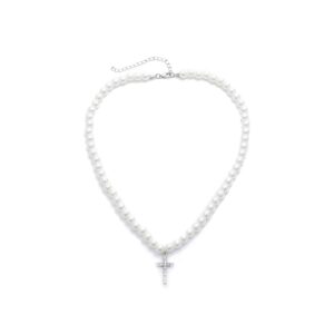 HILOLOA Pearl Necklace Cross Pendant Pearl Choker Necklaces Round White Fashion Pearl Necklace Hip-Hop Retro Cross Pendant Necklace for Women Men -cross