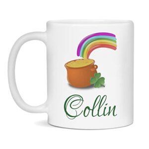 collin personalized shamrock st patrick's day pot of gold rainbow mug, 11-ounce white