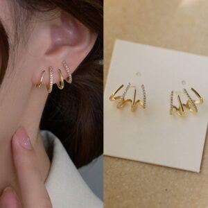 Claw Earring Cuff Zircon Needle Quartet Earrings for Women Cool CZ Stud Huggie illusion Earrings Minimalist Luxury Trendy Ear Wrap Cuffs Piercing Hoop Ear Jewelry for Prom (Crystal)