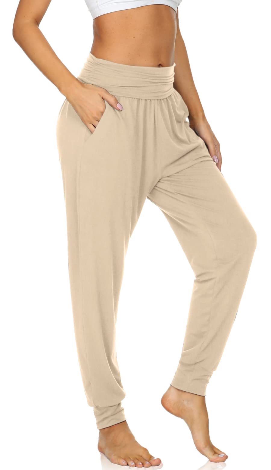 UEU Women's Plus Size Comfy High Waist Yoga Jogger Pants Loose Workout Fitness Lounge Khaki Harem Women with Pockets(Light Khaki, 3XL)