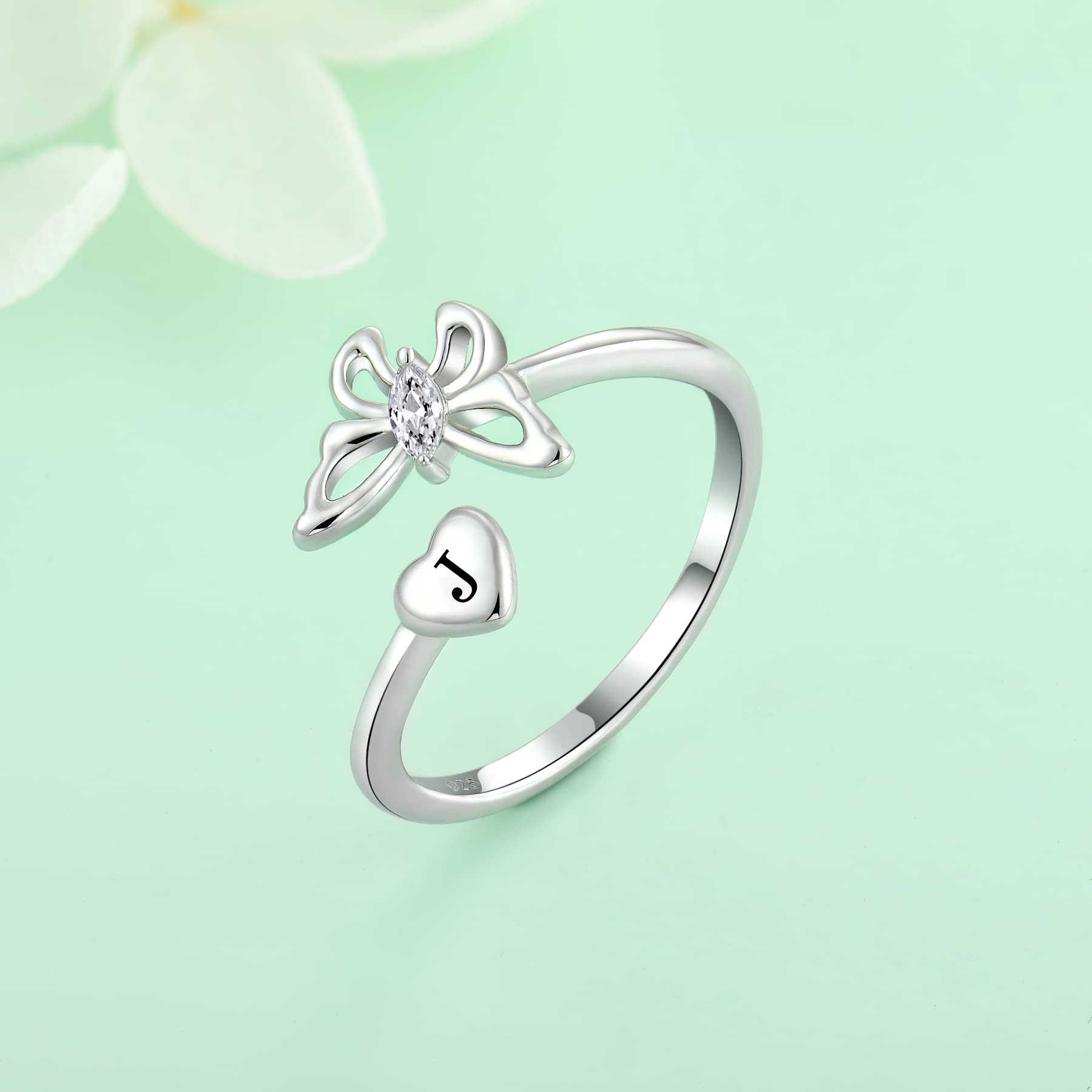 STARCHENIE Butterfly Initial Ring for Women 925 Sterling Silver Letter J Alphabet Adjustable Ring Size 7