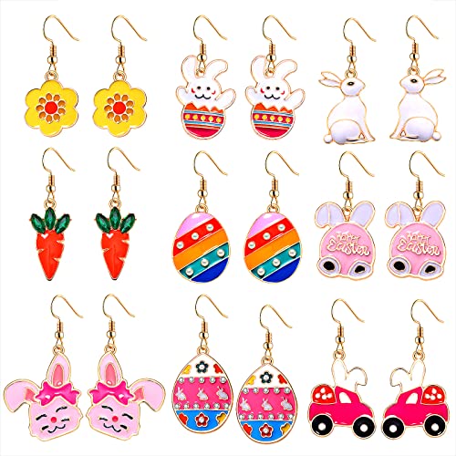 9 Pairs Easter Earring Set for Women Colorful Egg Carrot Bunny Drop Dangle Earrings Cute Spring Flower Earrings Easter Party Holiday Gifts (Style1)