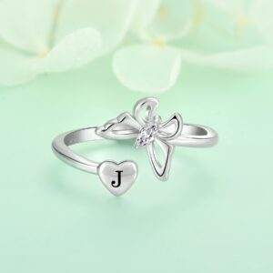 STARCHENIE Butterfly Initial Ring for Women 925 Sterling Silver Letter J Alphabet Adjustable Ring Size 7