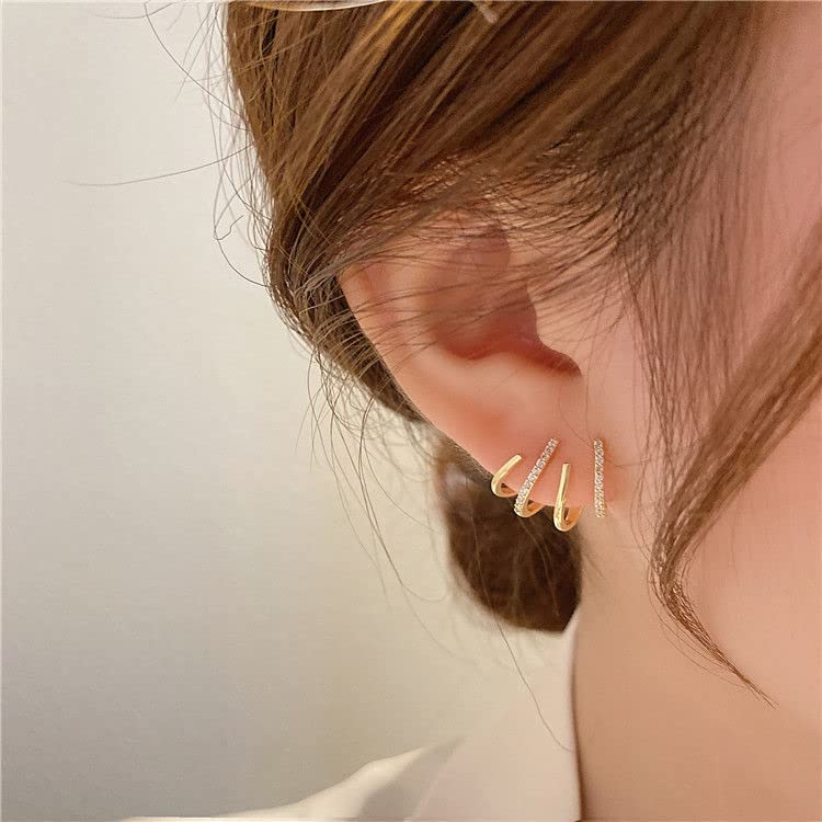 Claw Earring Cuff Zircon Needle Quartet Earrings for Women Cool CZ Stud Huggie illusion Earrings Minimalist Luxury Trendy Ear Wrap Cuffs Piercing Hoop Ear Jewelry for Prom (Crystal)