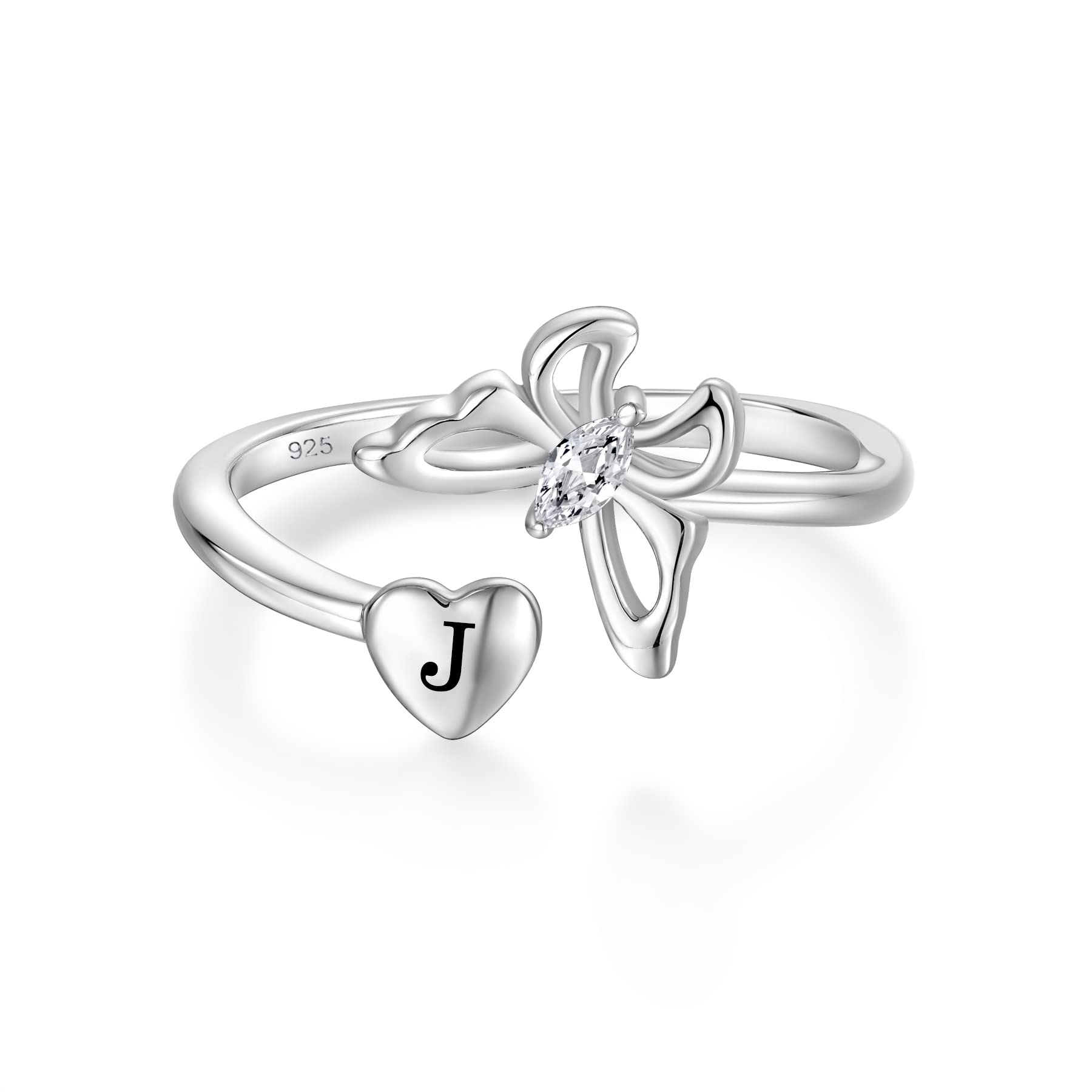 STARCHENIE Butterfly Initial Ring for Women 925 Sterling Silver Letter J Alphabet Adjustable Ring Size 7