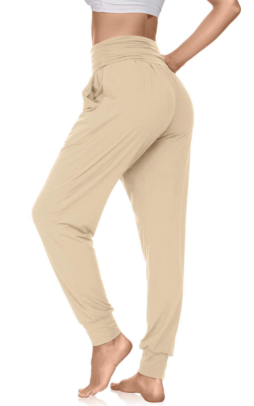 UEU Women's Plus Size Comfy High Waist Yoga Jogger Pants Loose Workout Fitness Lounge Khaki Harem Women with Pockets(Light Khaki, 3XL)