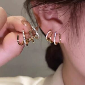 Claw Earring Cuff Zircon Needle Quartet Earrings for Women Cool CZ Stud Huggie illusion Earrings Minimalist Luxury Trendy Ear Wrap Cuffs Piercing Hoop Ear Jewelry for Prom (Crystal)