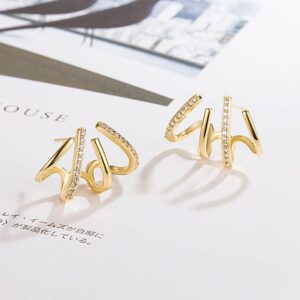 Claw Earring Cuff Zircon Needle Quartet Earrings for Women Cool CZ Stud Huggie illusion Earrings Minimalist Luxury Trendy Ear Wrap Cuffs Piercing Hoop Ear Jewelry for Prom (Crystal)