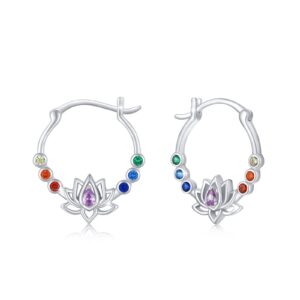 Rainbow Chakra Earrings Sterling Silver Lotus Flower Earrings Rainbow Hoop Earrings Colorful Earrings Chakra Jewlery for Women Christmas Jewelry Gifts