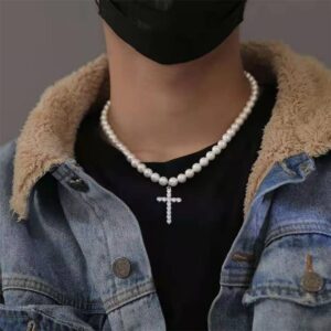 HILOLOA Pearl Necklace Cross Pendant Pearl Choker Necklaces Round White Fashion Pearl Necklace Hip-Hop Retro Cross Pendant Necklace for Women Men -cross