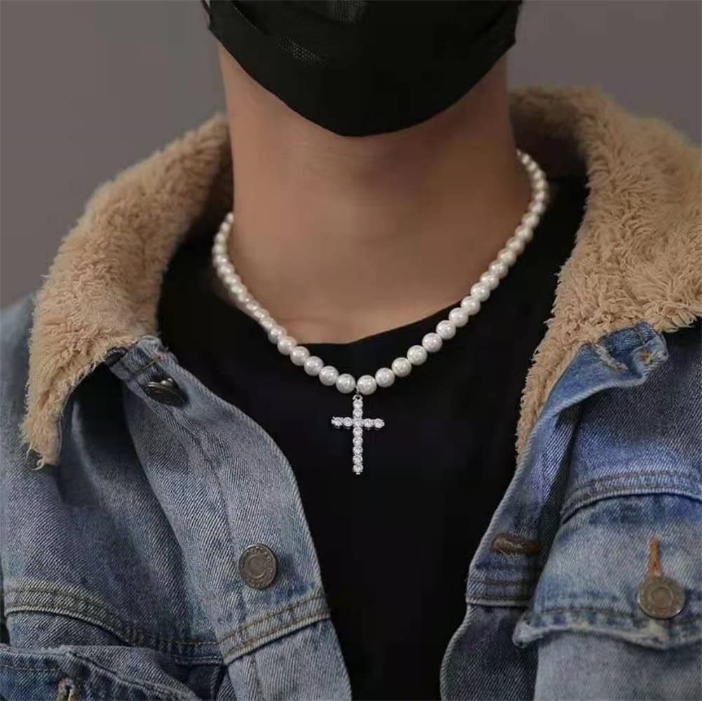 HILOLOA Pearl Necklace Cross Pendant Pearl Choker Necklaces Round White Fashion Pearl Necklace Hip-Hop Retro Cross Pendant Necklace for Women Men -cross