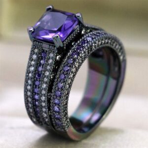 LOVERSRING 3pc Two Rings His and Hers Couple Rings Bridal Sets His Hers Women Black Gold Plated Purple Cz Man Tungsten Carbide Wedding Ring Band Set