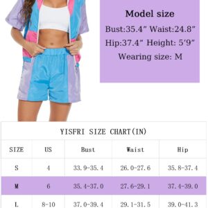 Yisfri Women's Vintage 80s 90s Style 2 Piece Outfit Short Sleeve Zip Front Windbreaker Tracksuit Themed Party Workout Set (Blue, XL)