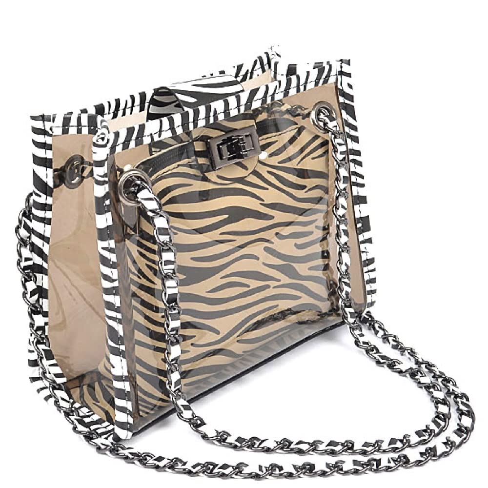 Stadium Approved Vegan Leather Snake Print Small Large Clear Tote Bag Purse (Small 2 in 1 Zebra Tote - Clear)