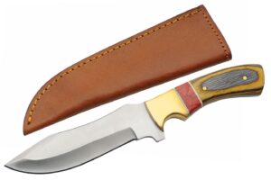 szco supplies 9.5” red amber wood/brass handled outdoor upsweep hunting knife with sheath,203449-am