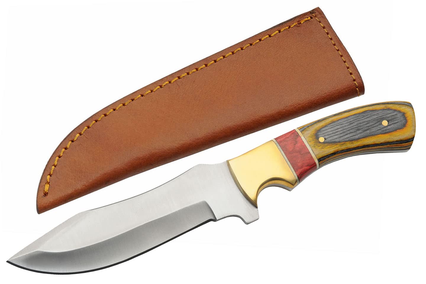 SZCO Supplies 9.5” Red Amber Wood/Brass Handled Outdoor Upsweep Hunting Knife With Sheath,203449-AM