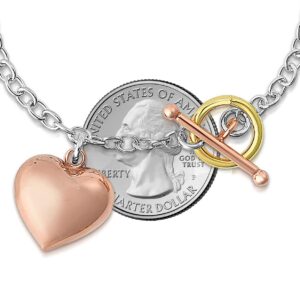 Savlano 925 Sterling Silver 14K Gold Plated Italian Toggle Heart Charm Bracelet Comes With Gift Box for Women - Made in Italy (Tri Color)