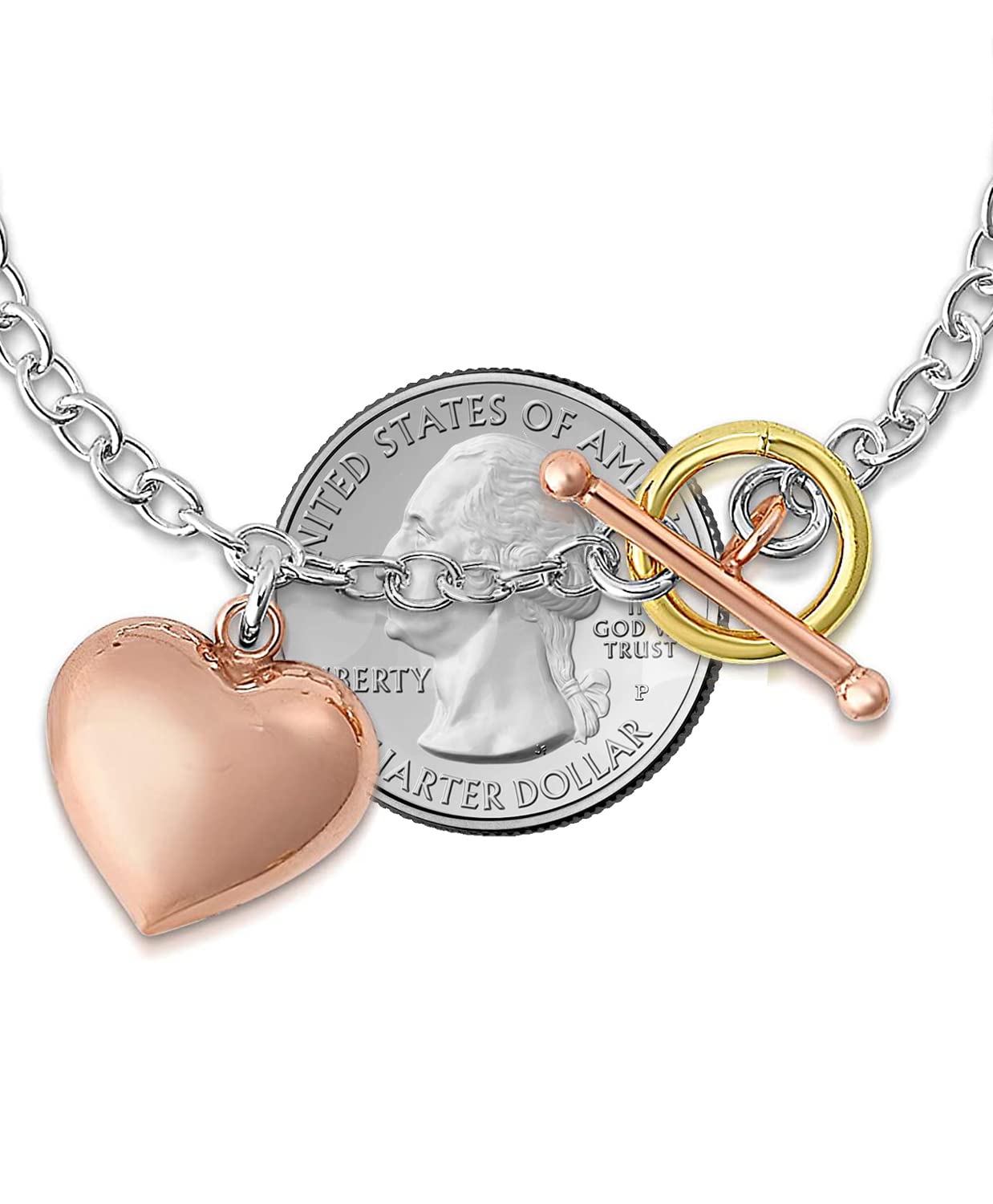 Savlano 925 Sterling Silver 14K Gold Plated Italian Toggle Heart Charm Bracelet Comes With Gift Box for Women - Made in Italy (Tri Color)