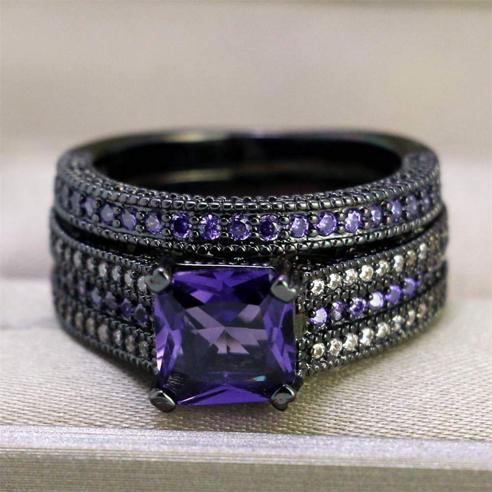 LOVERSRING 3pc Two Rings His and Hers Couple Rings Bridal Sets His Hers Women Black Gold Plated Purple Cz Man Tungsten Carbide Wedding Ring Band Set