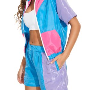 Yisfri Women's Vintage 80s 90s Style 2 Piece Outfit Short Sleeve Zip Front Windbreaker Tracksuit Themed Party Workout Set (Blue, XL)