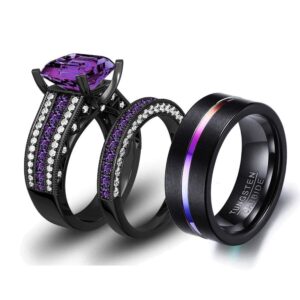 loversring 3pc two rings his and hers couple rings bridal sets his hers women black gold plated purple cz man tungsten carbide wedding ring band set