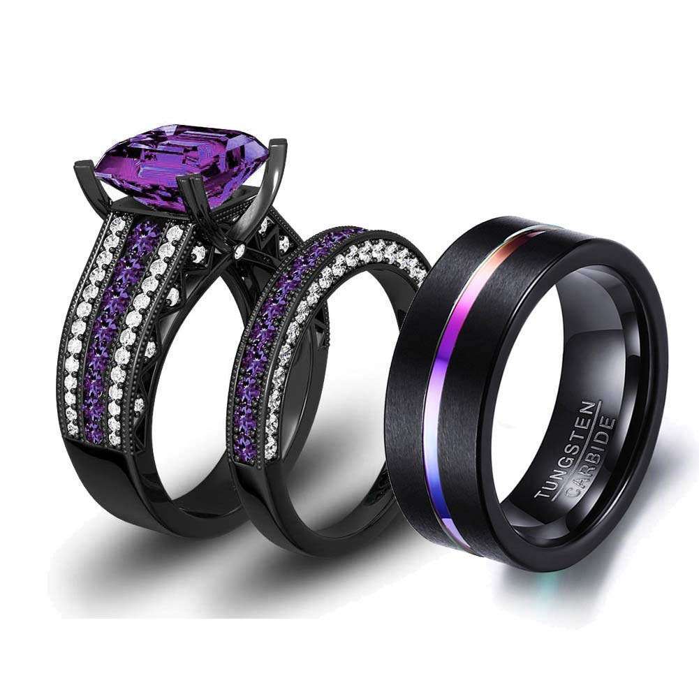 LOVERSRING 3pc Two Rings His and Hers Couple Rings Bridal Sets His Hers Women Black Gold Plated Purple Cz Man Tungsten Carbide Wedding Ring Band Set