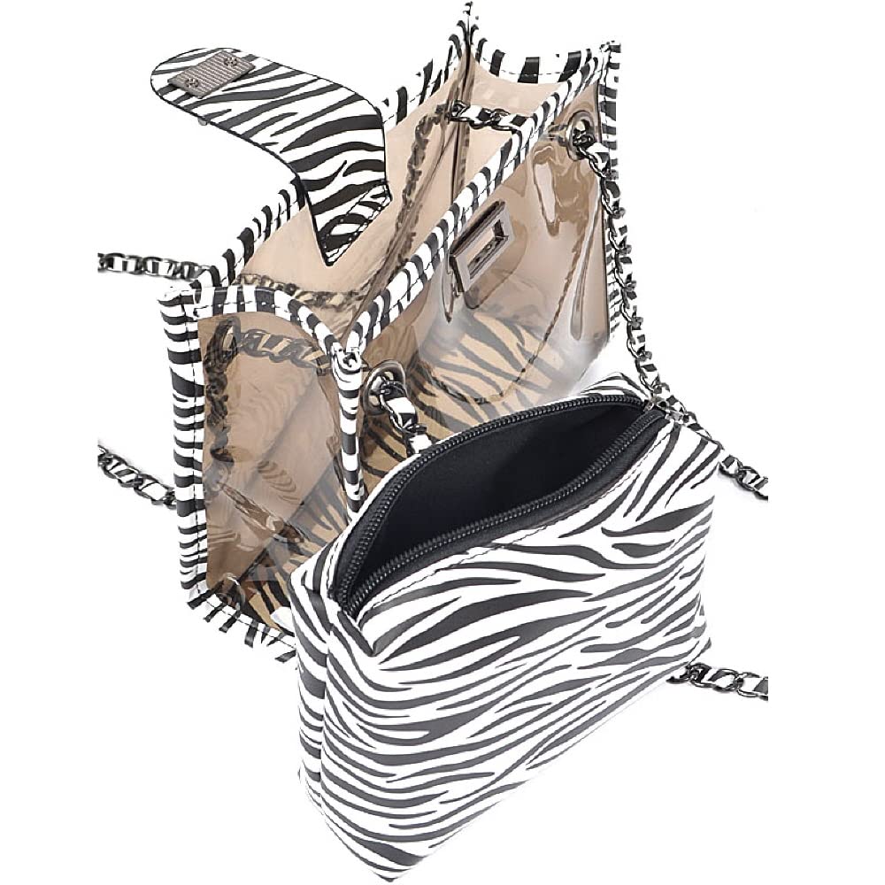 Stadium Approved Vegan Leather Snake Print Small Large Clear Tote Bag Purse (Small 2 in 1 Zebra Tote - Clear)