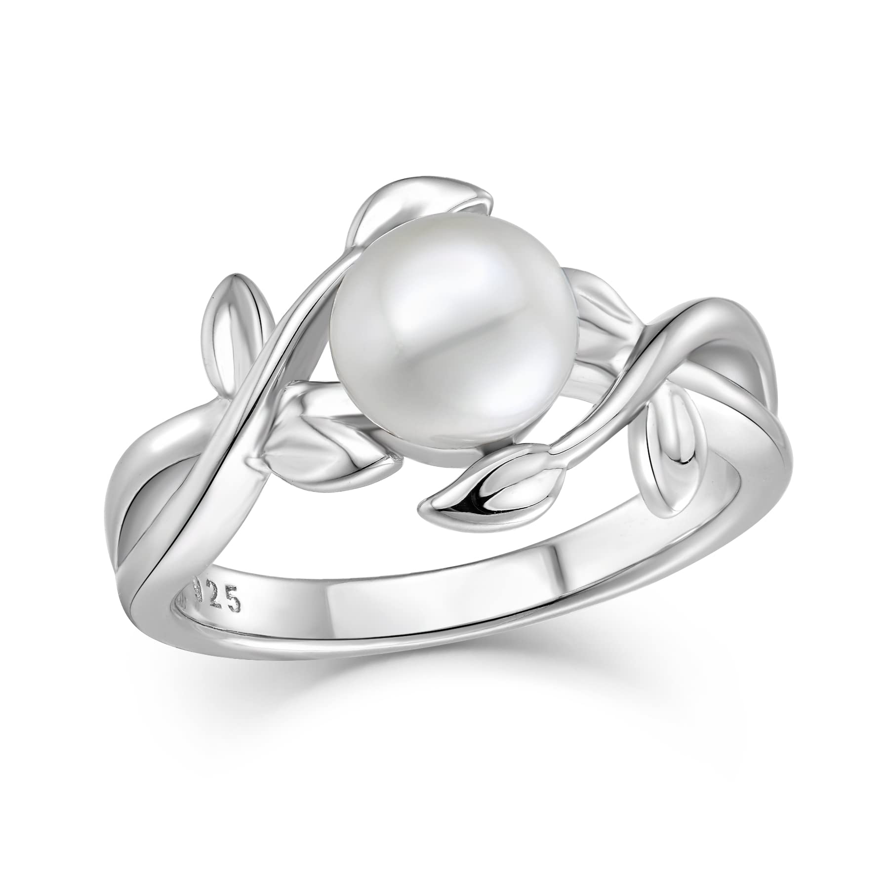 STARCHENIE Women Pearl Rings with Leaf Cubic Zirconia Wedding Engagement Ring for Women Sterling Silver,Twisted Promise Ring for Her size10