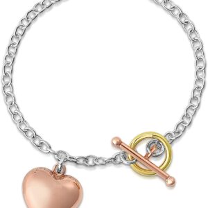 Savlano 925 Sterling Silver 14K Gold Plated Italian Toggle Heart Charm Bracelet Comes With Gift Box for Women - Made in Italy (Tri Color)