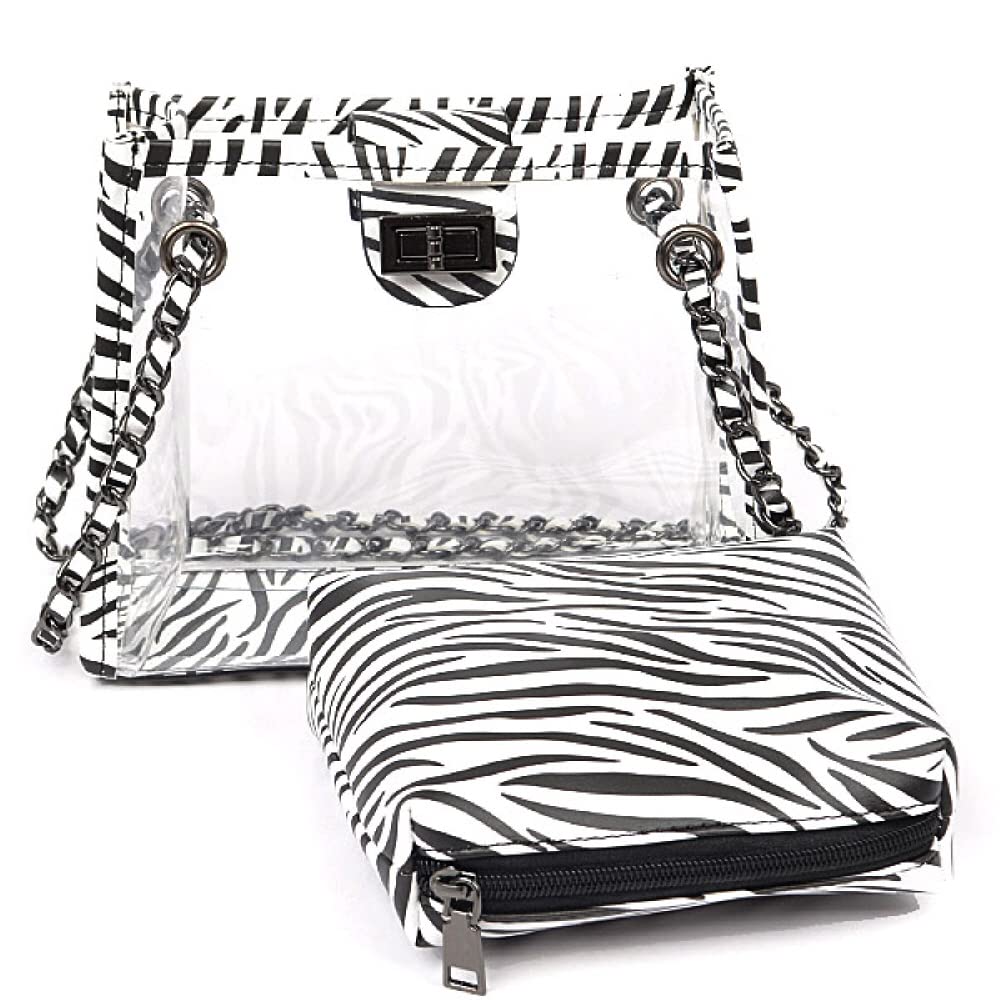 Stadium Approved Vegan Leather Snake Print Small Large Clear Tote Bag Purse (Small 2 in 1 Zebra Tote - Clear)