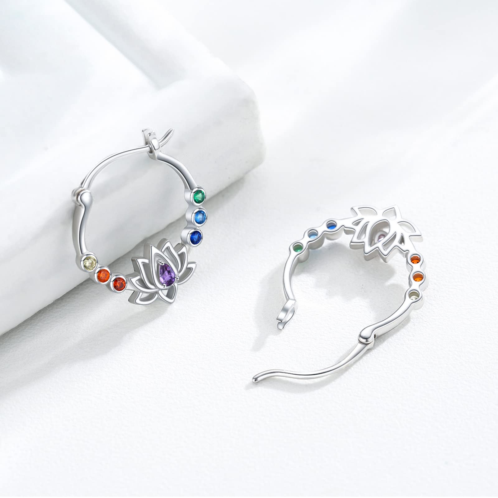 Rainbow Chakra Earrings Sterling Silver Lotus Flower Earrings Rainbow Hoop Earrings Colorful Earrings Chakra Jewlery for Women Christmas Jewelry Gifts