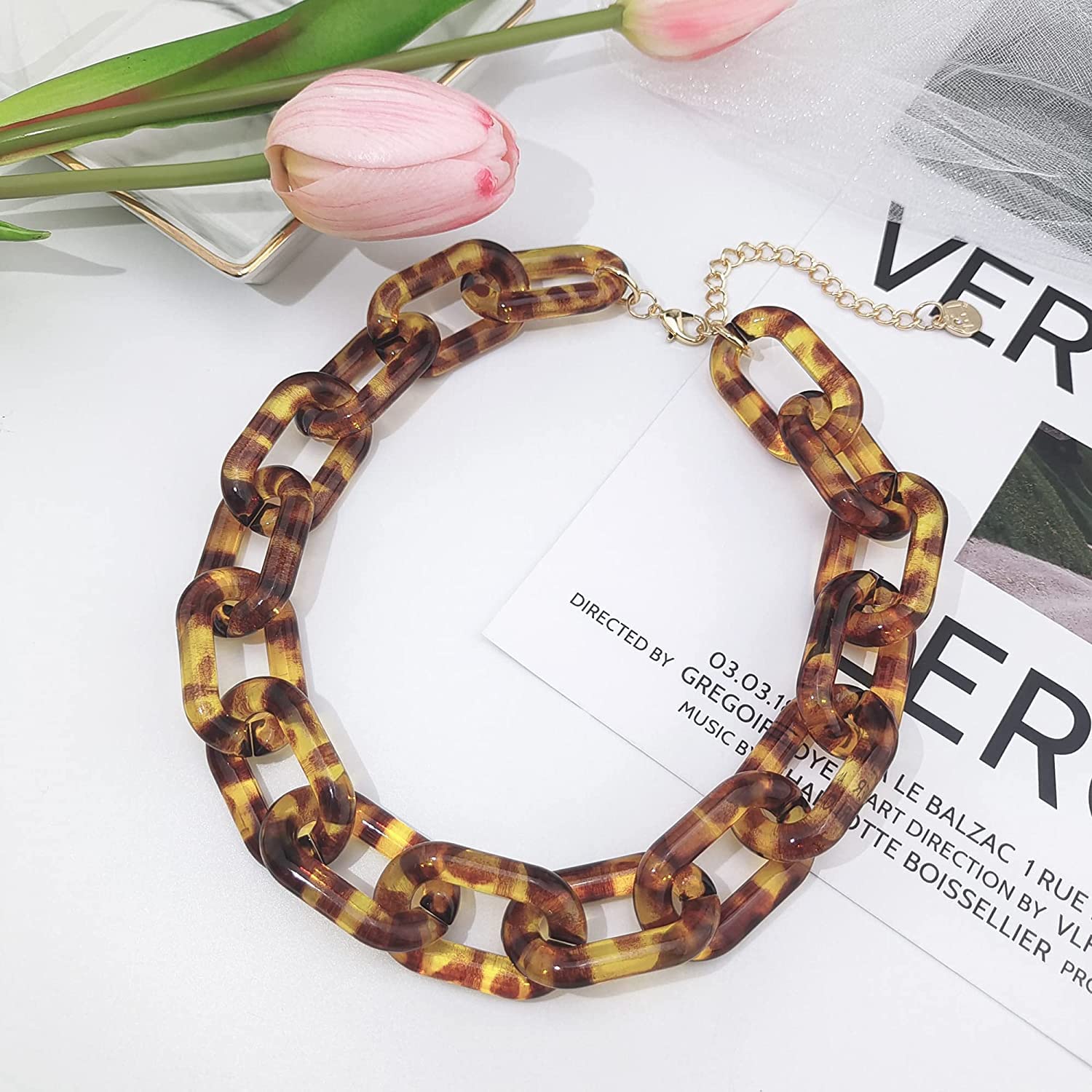 Firstmeet Chunky Acrylic Tortoise Shell Oval Link Chain Choker Necklace for Women(XL-1115-Brown)