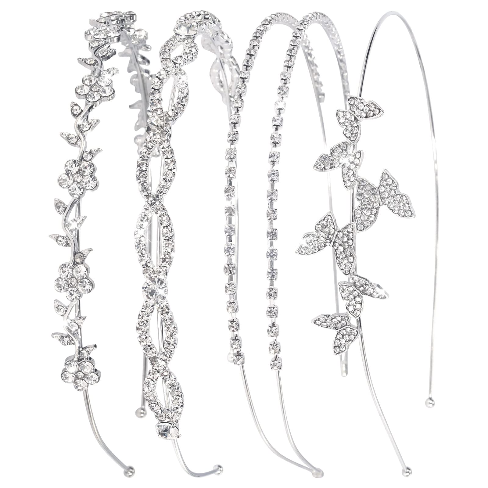 Wecoe 4 Pack Silver Rhinestone Headband Flower Girl Bridal Wedding Headband Crystal Headpiece Flower Leaf Butterfly Metal Headband Little Girls Kids Crown Tiara Hair Accessories For Women Girls Gifts