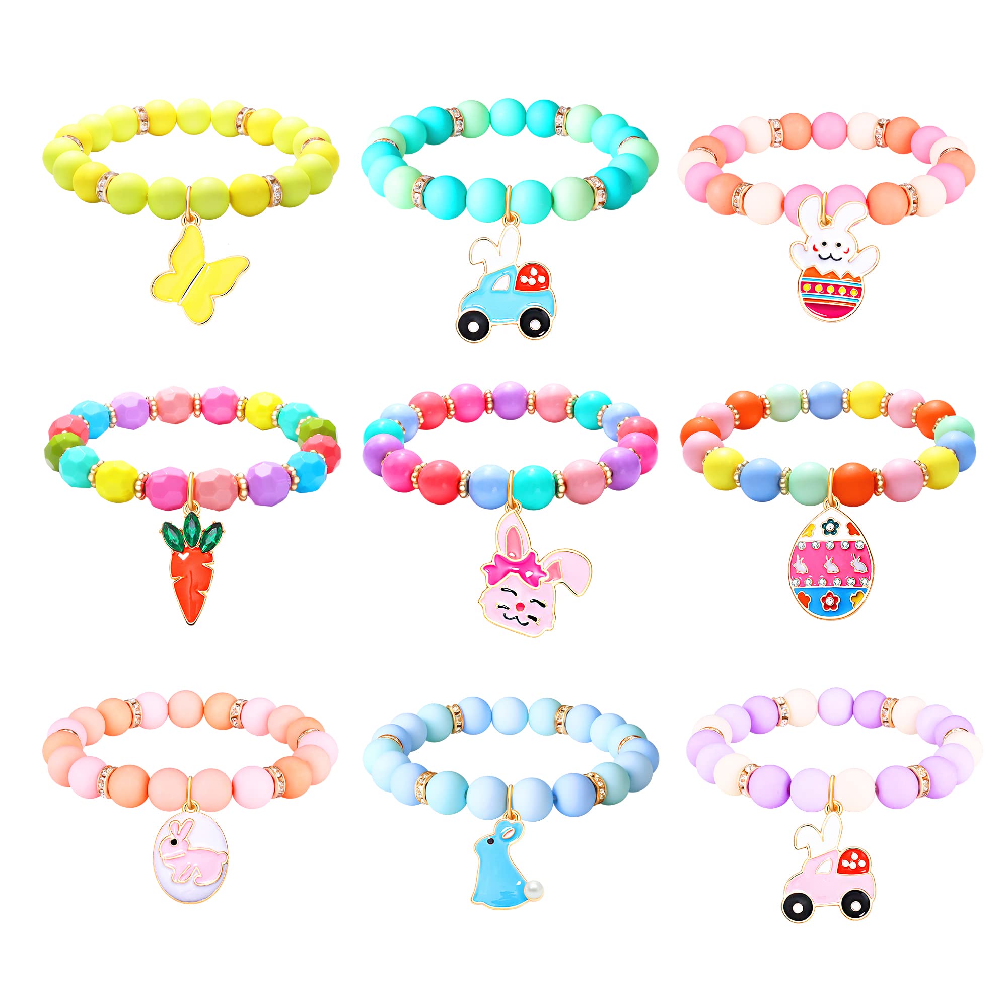 NVENF Easter Bracelets Cute Easter Egg Bunny Charm Bracelet for Women Colorful Stackable Beaded Stretch Bracelets Holiday Party Favors Jewelry Set