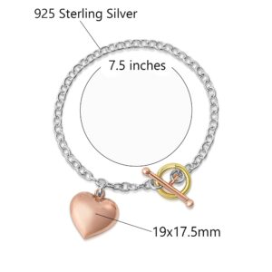 Savlano 925 Sterling Silver 14K Gold Plated Italian Toggle Heart Charm Bracelet Comes With Gift Box for Women - Made in Italy (Tri Color)