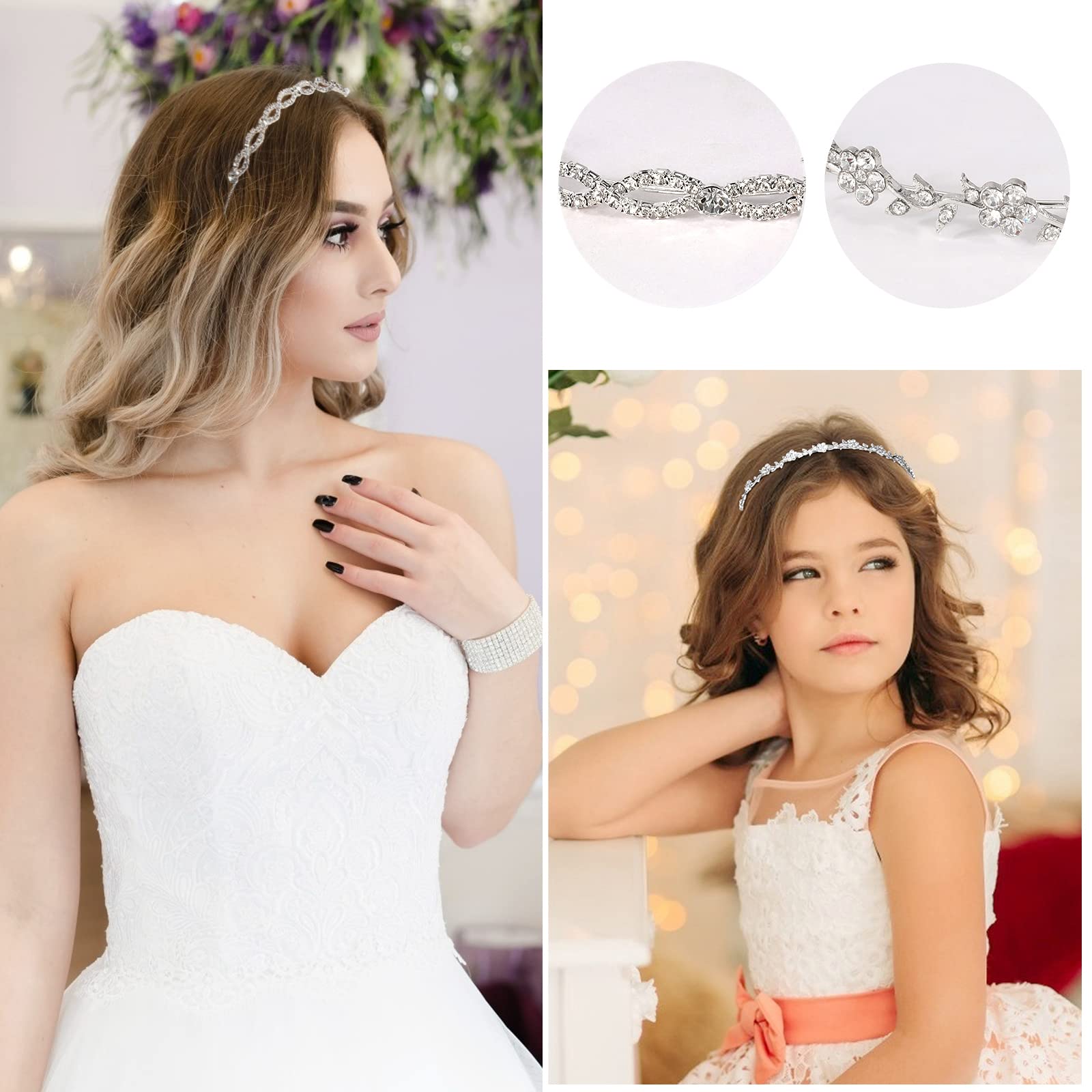 Wecoe 4 Pack Silver Rhinestone Headband Flower Girl Bridal Wedding Headband Crystal Headpiece Flower Leaf Butterfly Metal Headband Little Girls Kids Crown Tiara Hair Accessories For Women Girls Gifts