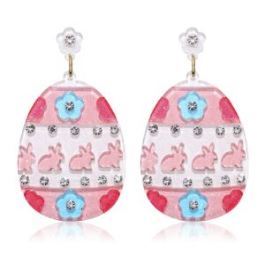 Easter Earrings Rhinestone Colorful Easter Egg Drop Dangle stud Earrings acrylic Egg and Bunny Earring for Women Holiday Party Jewelry (Pink)