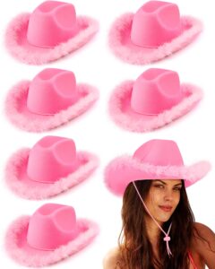 tarpop 6 pack cowboy hat boa cowgirl hat felt cowboy hat with feather for women girl western party costume accessories(pink)